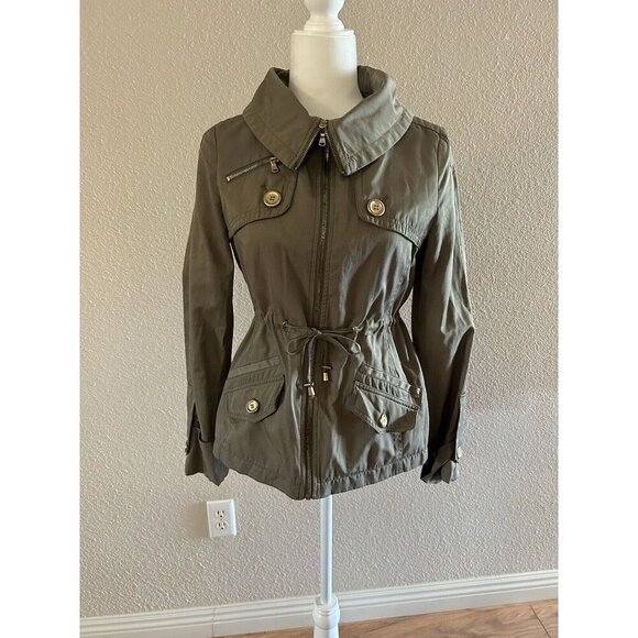 GUESS Women’s Size SM Military Green Trench Rain Coat Jacket Gold Draw String - Picture 2 of 7